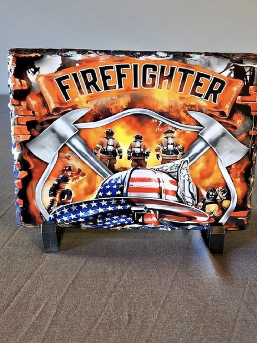 Firefighter American Flag Helmet Slate Plaque with Stand 8x6